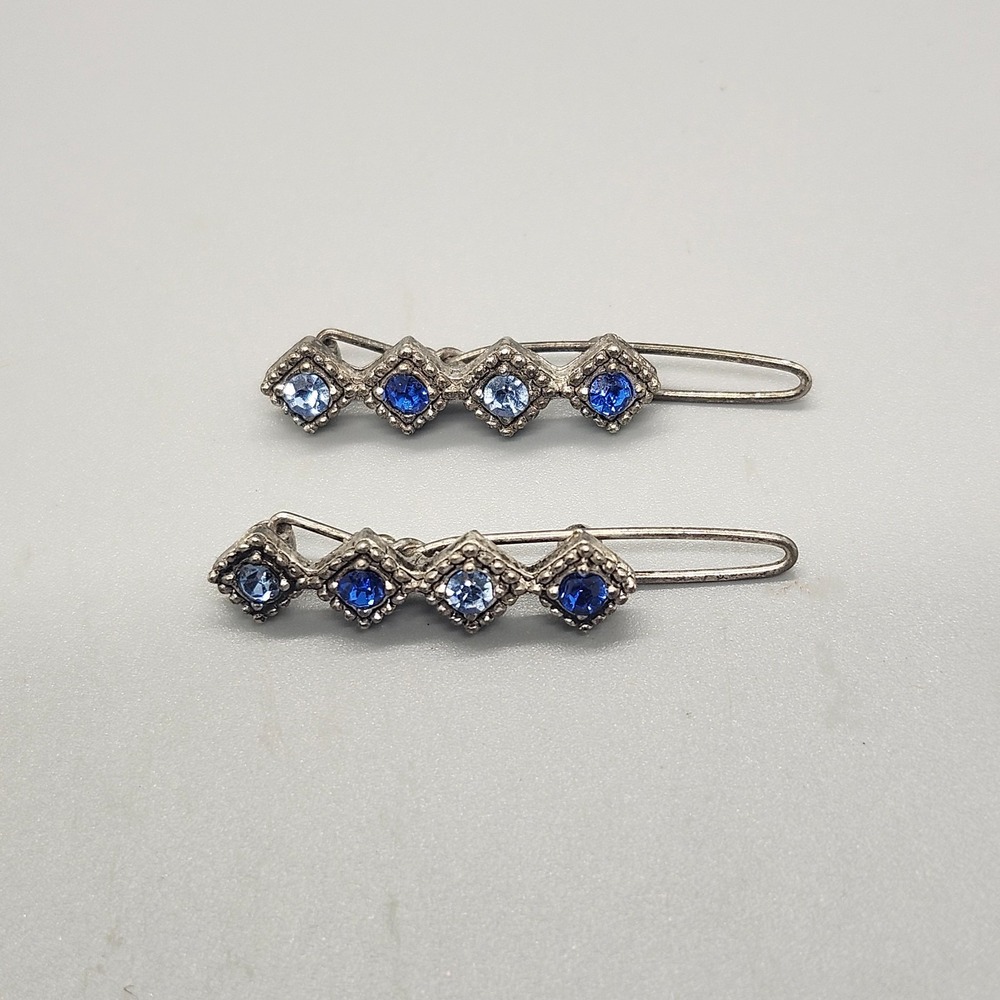 Vintage Art Deco Blue Rhinestone Crystal Hair Barrette Clip Pin Set of 2